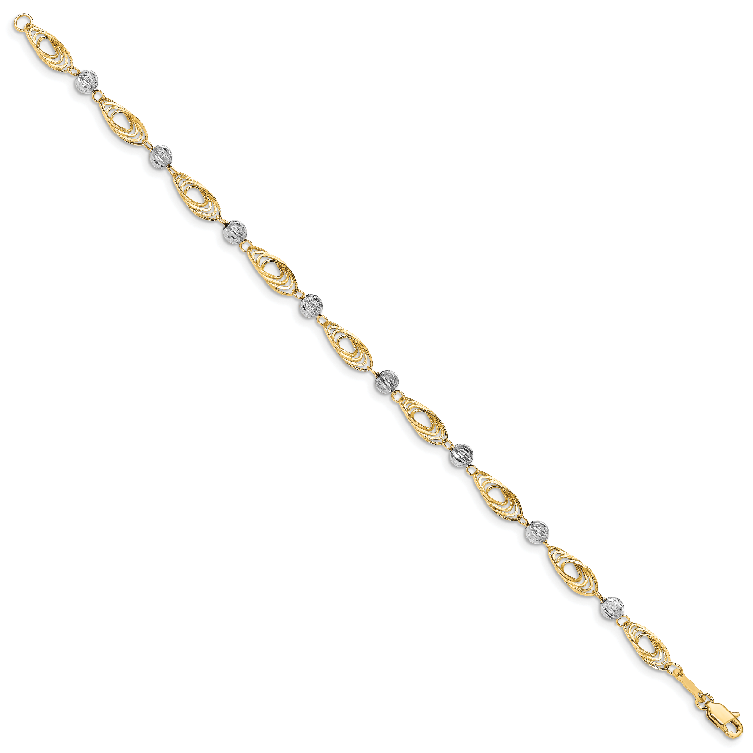 14K Gold Two-tone Oval Links with Diamond Cut Beads Bracelet