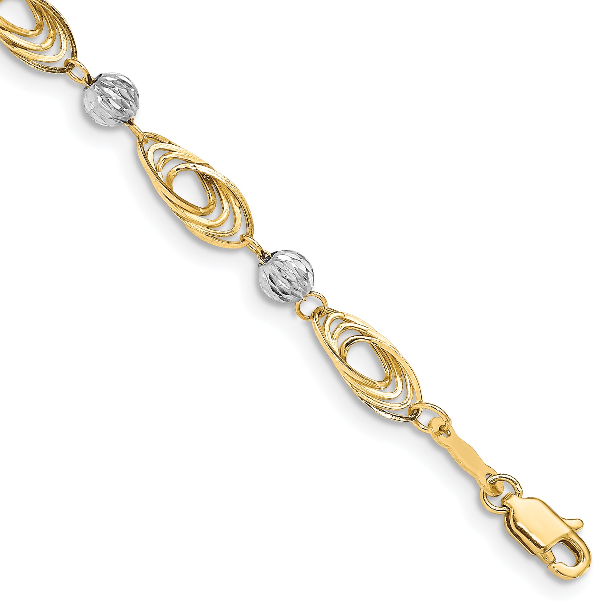 14K Gold Two-tone Oval Links with Diamond Cut Beads Bracelet Main image