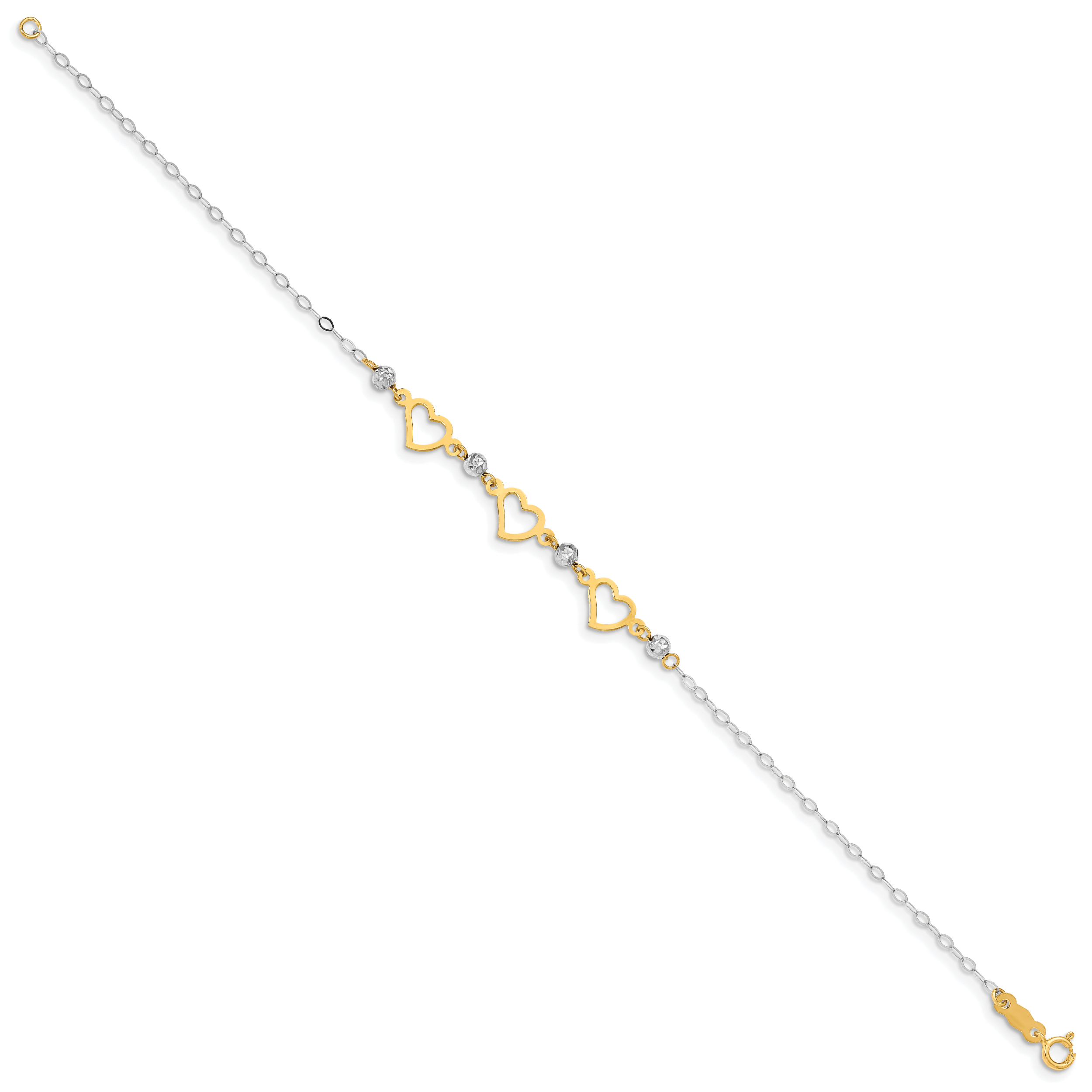 14K Two-tone Oval Link Diamond Cut Beads and Heart Bracelet Secondary image