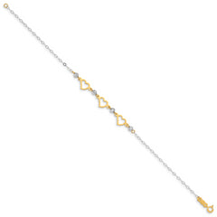 14K Two-tone Oval Link Diamond Cut Beads and Heart Bracelet