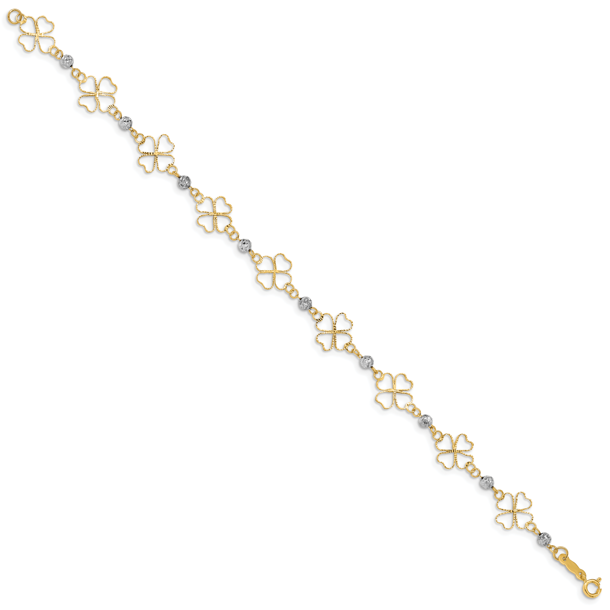 14k Two-tone Diamond-cut Open Clovers & Beads Bracelet