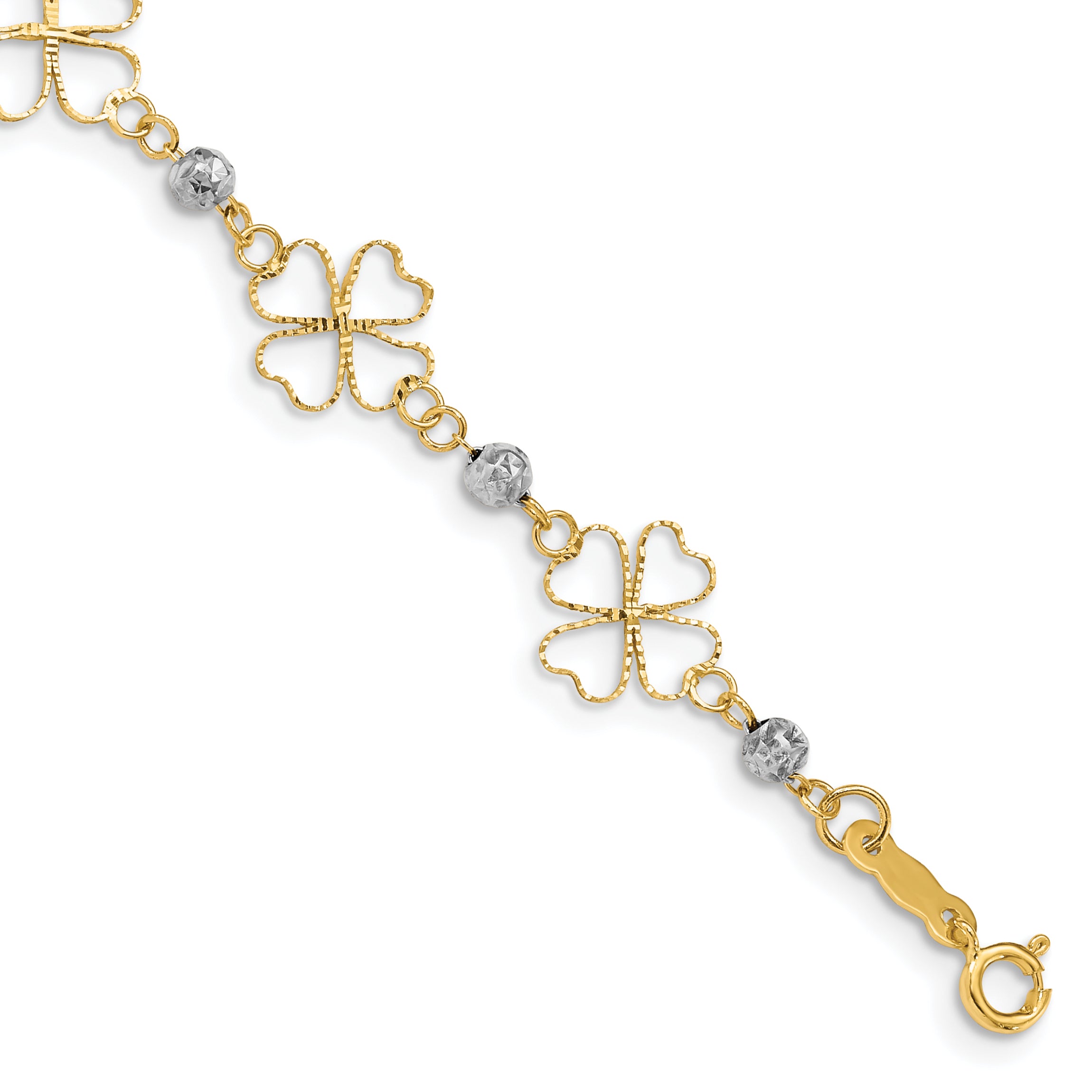 14k Two-tone Diamond-cut Open Clovers & Beads Bracelet Main image