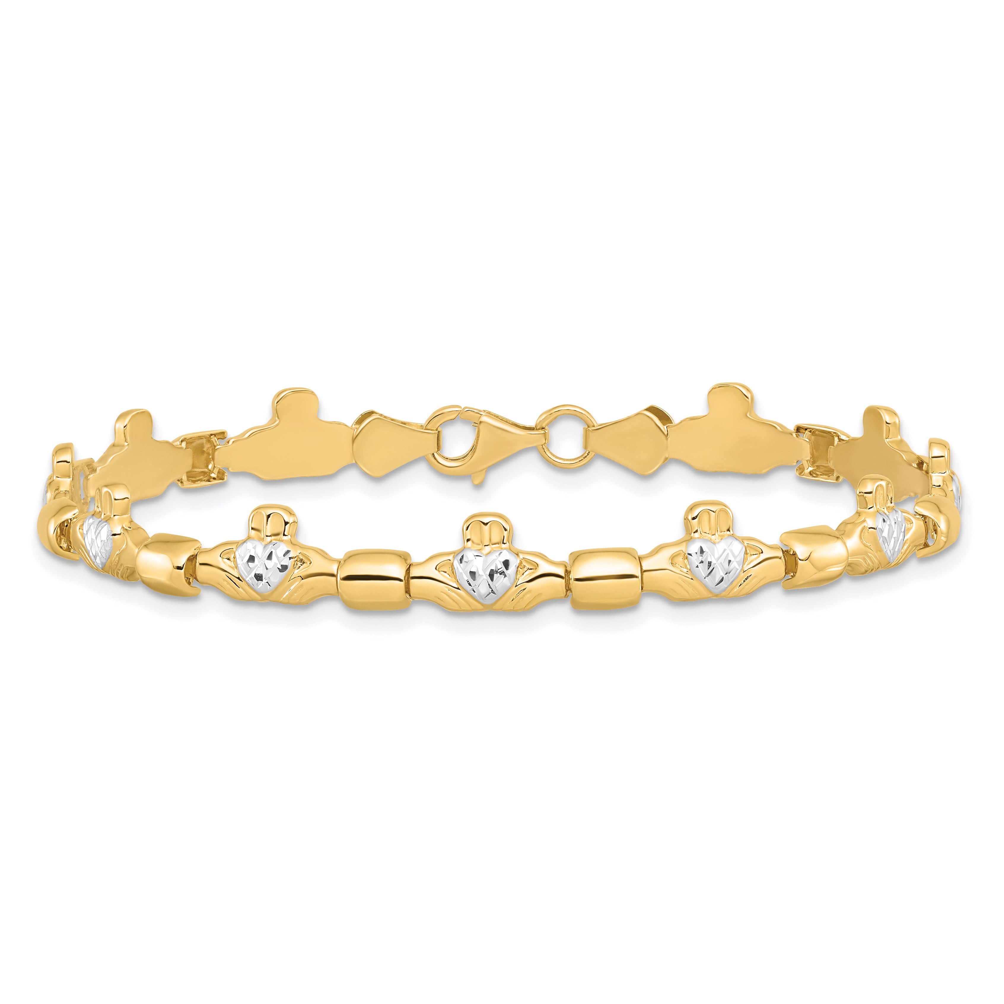 14K w/ Rhodium D/C Claddagh Polished Link Bracelet
