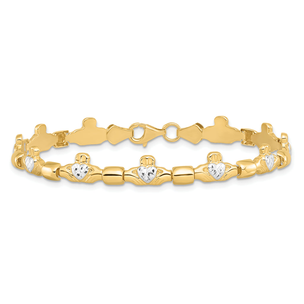 14K w/ Rhodium D/C Claddagh Polished Link Bracelet