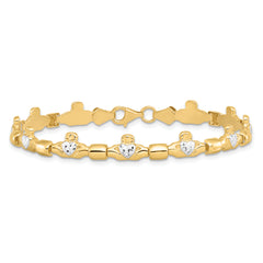 14K w/ Rhodium D/C Claddagh Polished Link Bracelet