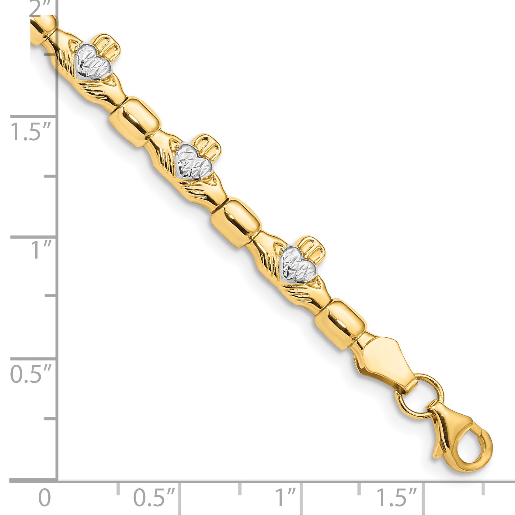 14K w/ Rhodium D/C Claddagh Polished Link Bracelet