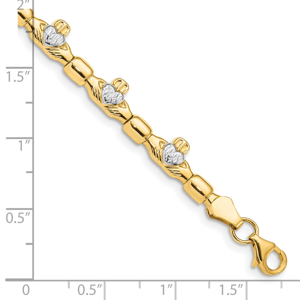 14K w/ Rhodium D/C Claddagh Polished Link Bracelet