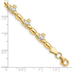 14K w/ Rhodium D/C Claddagh Polished Link Bracelet