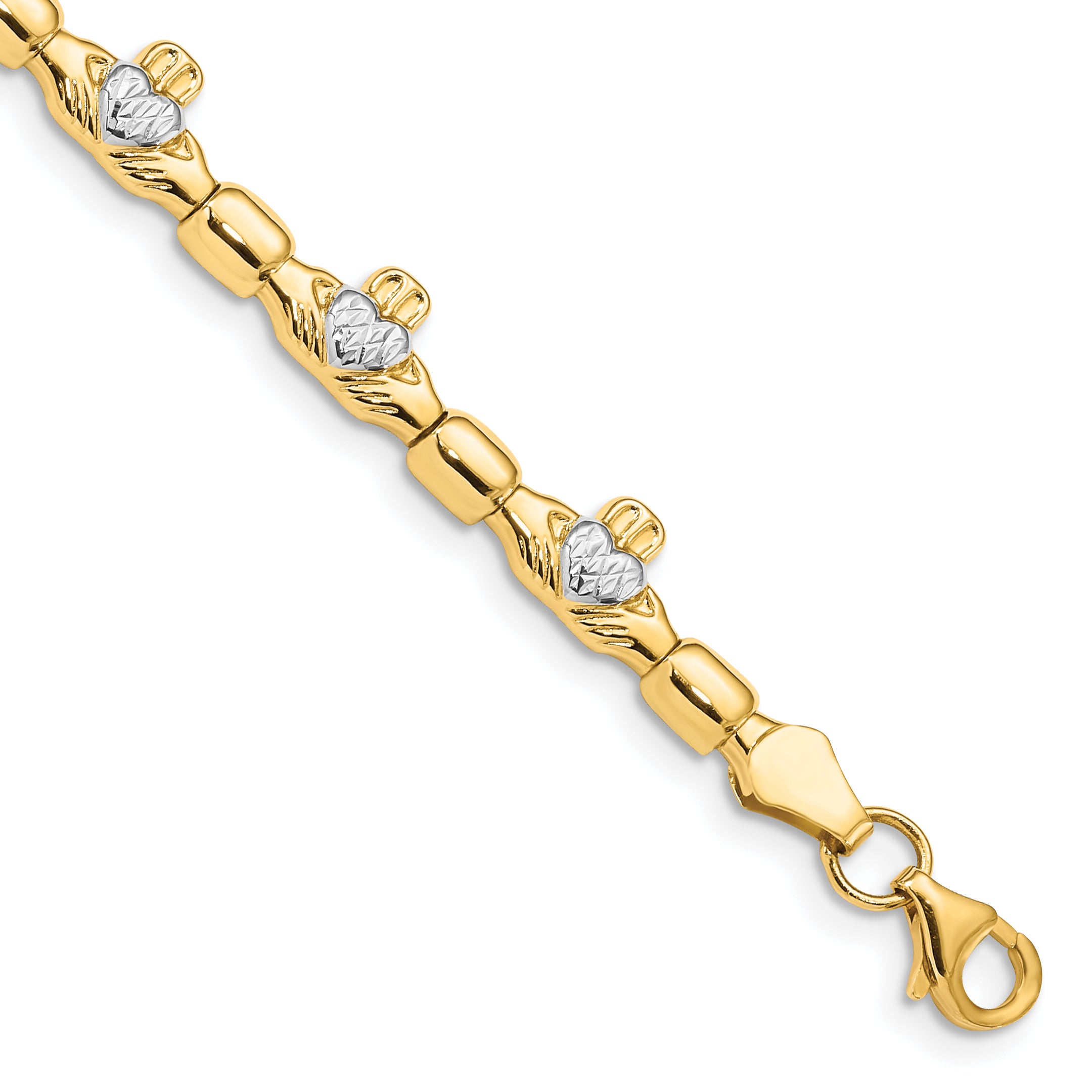 14K w/ Rhodium D/C Claddagh Polished Link Bracelet Main image