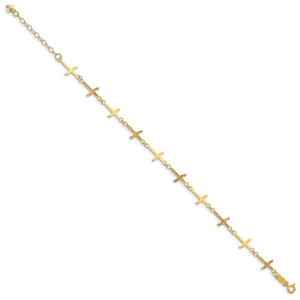 14k Polished Diamond-cut Crosses w/1in. Ext. Bracelet