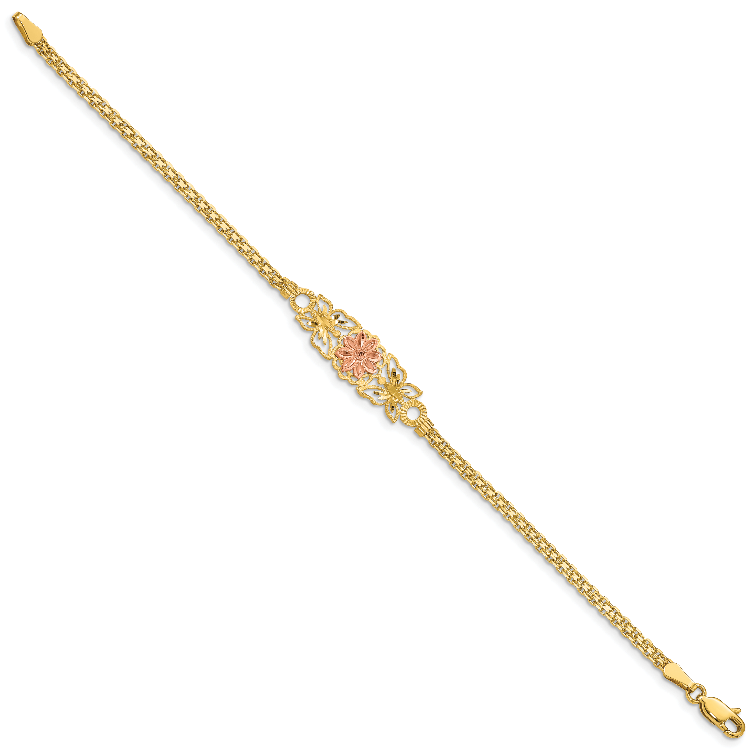 14K Two-tone Brushed & Polished Butterfly & Flowers Bracelet Secondary image