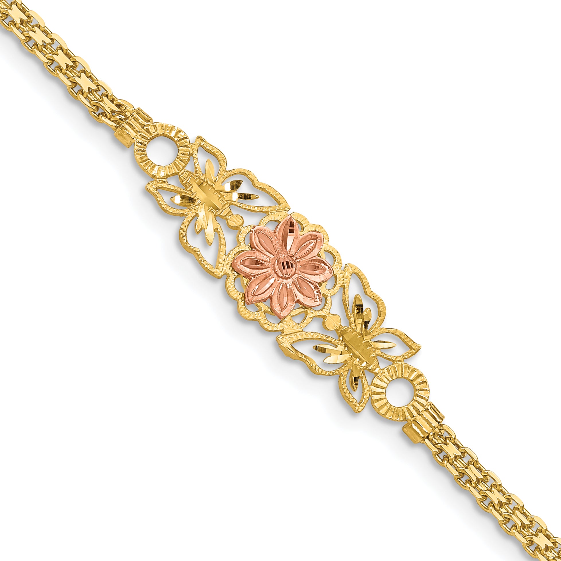 14K Two-tone Brushed & Polished Butterfly & Flowers Bracelet Main image