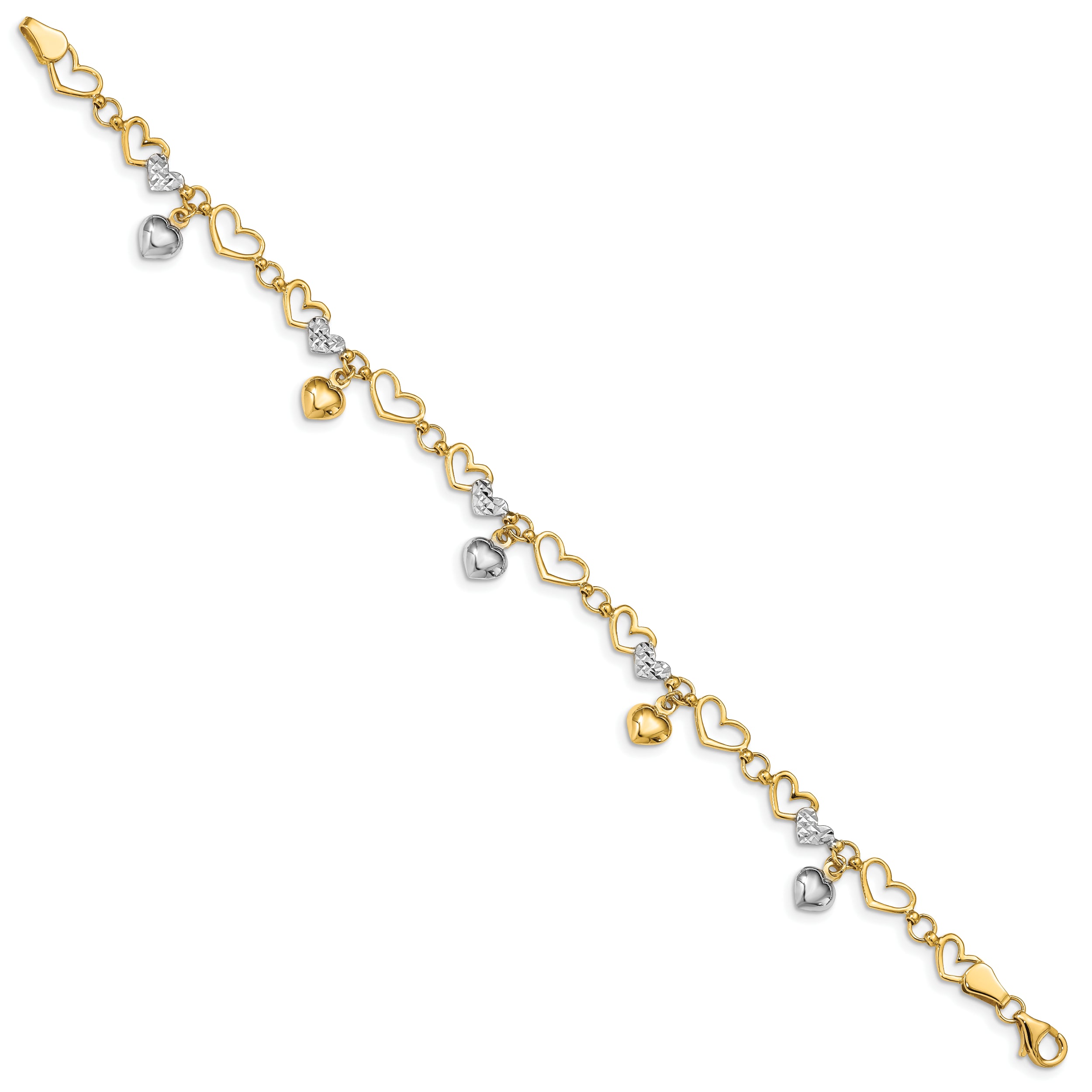 14K & White Rhodium Polished Heart D/C Bracelet - 7.25
