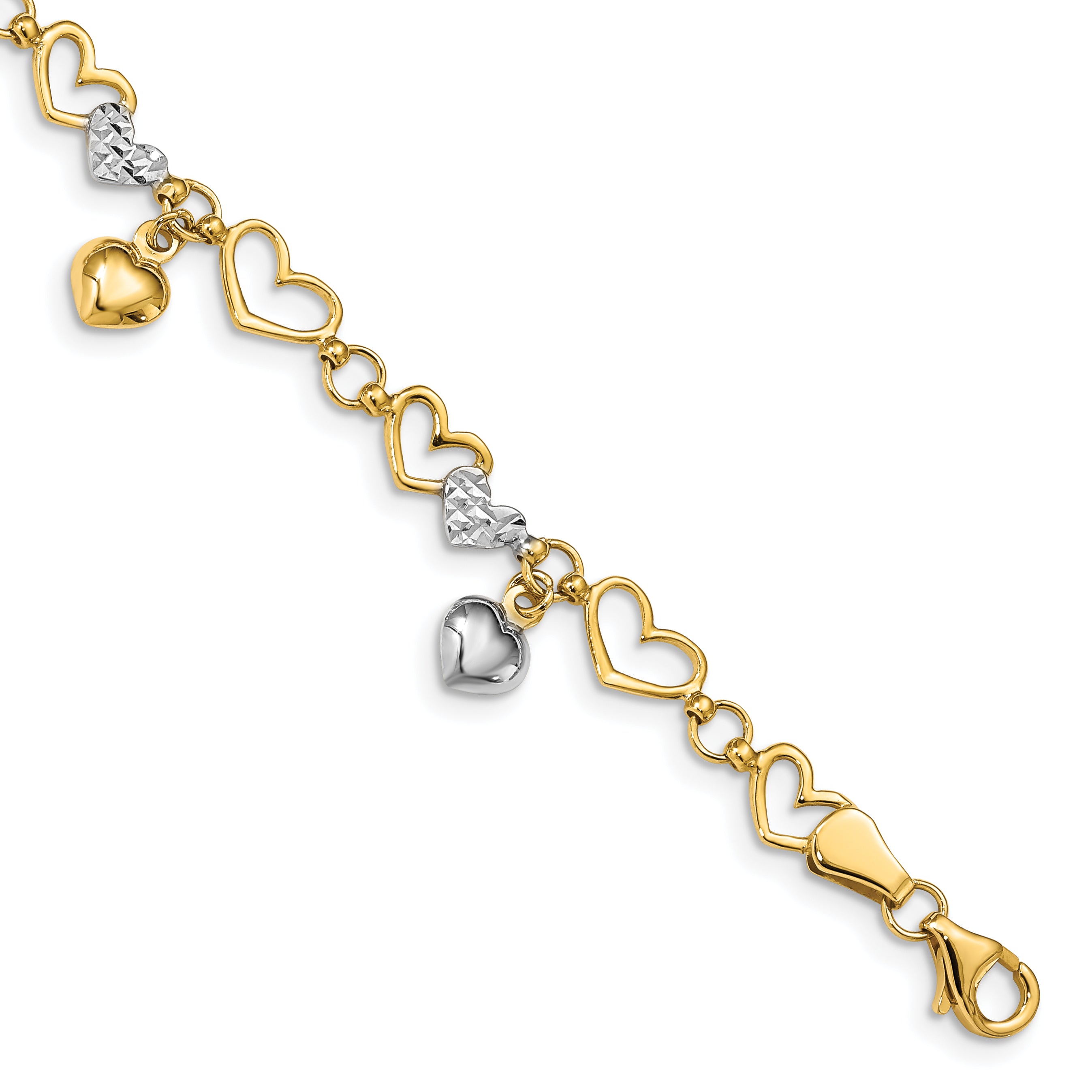 14K & White Rhodium Polished Heart D/C Bracelet Main image
