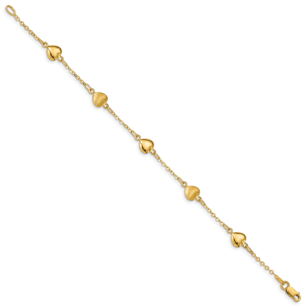 14K Brushed & Polished Hearts 7 inch Bracelet