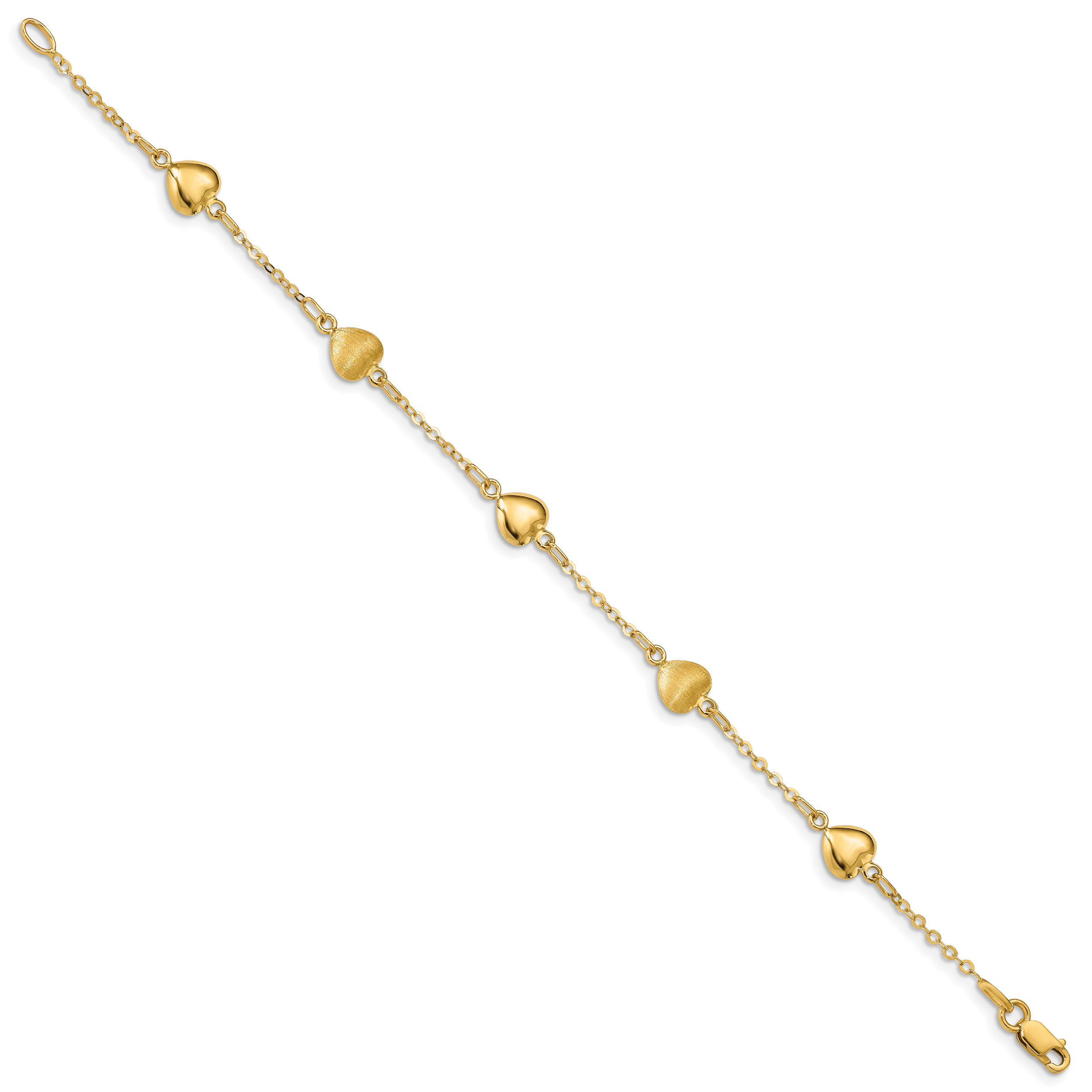 14K Brushed & Polished Hearts 7 inch Bracelet