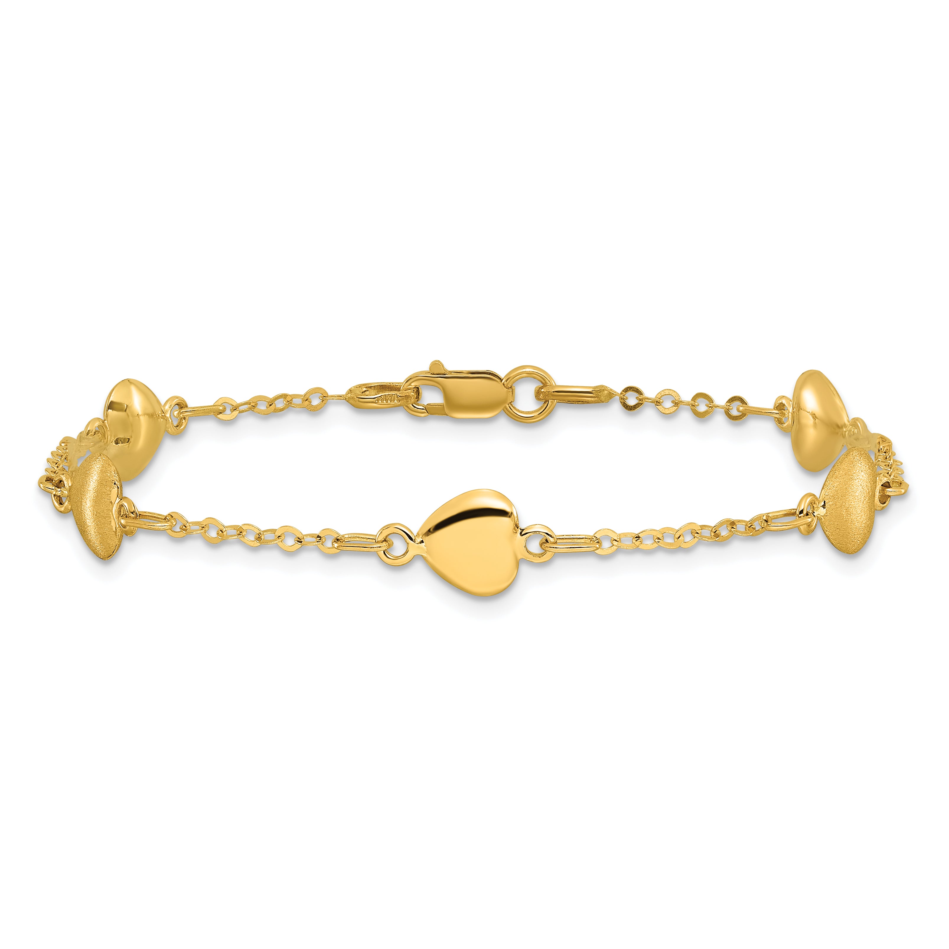 14K Brushed & Polished Hearts 7 inch Bracelet - 7