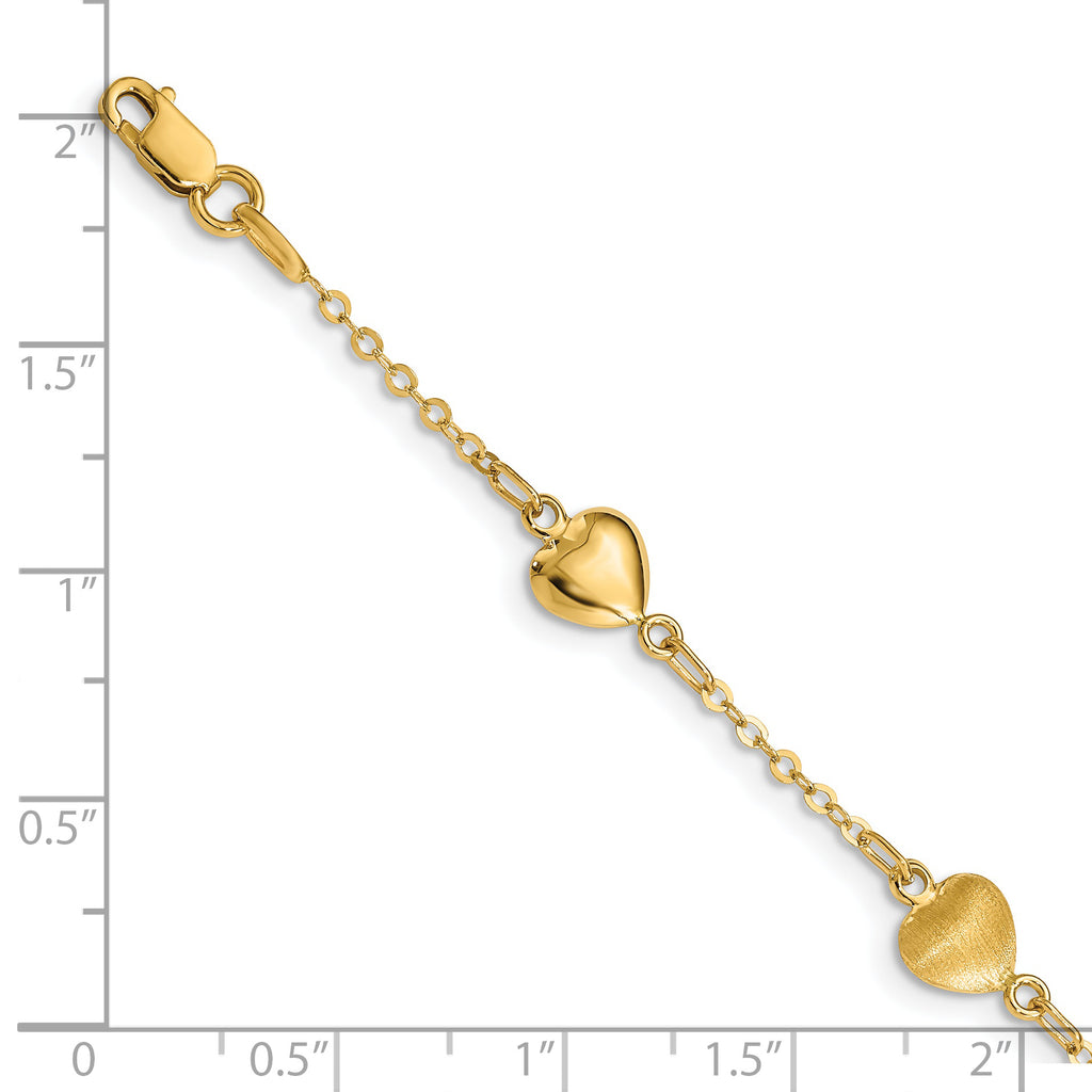14K Brushed & Polished Hearts 7 inch Bracelet