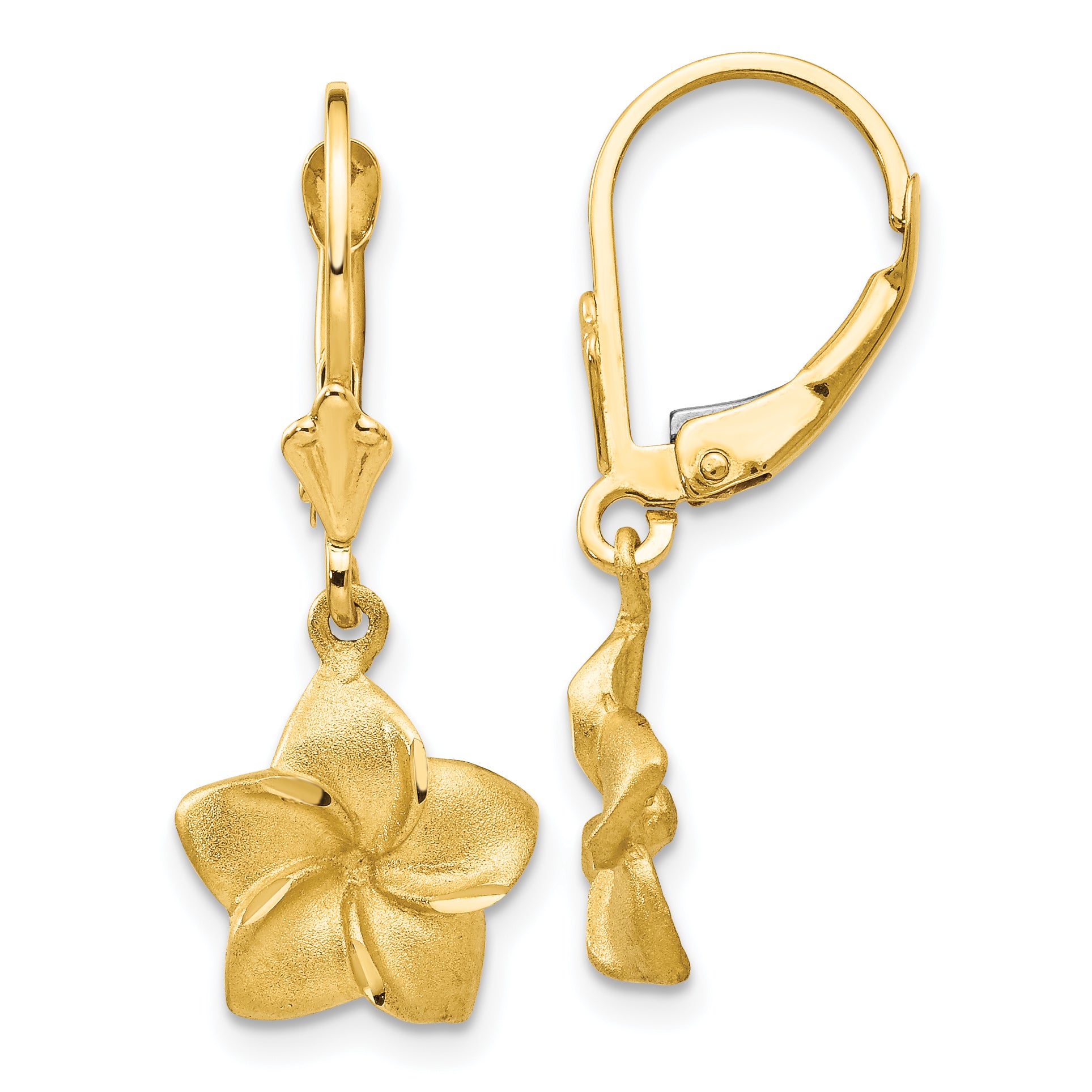 14k Satin & Diamond-Cut Plumeria Dangle Leverback Earrings Main image