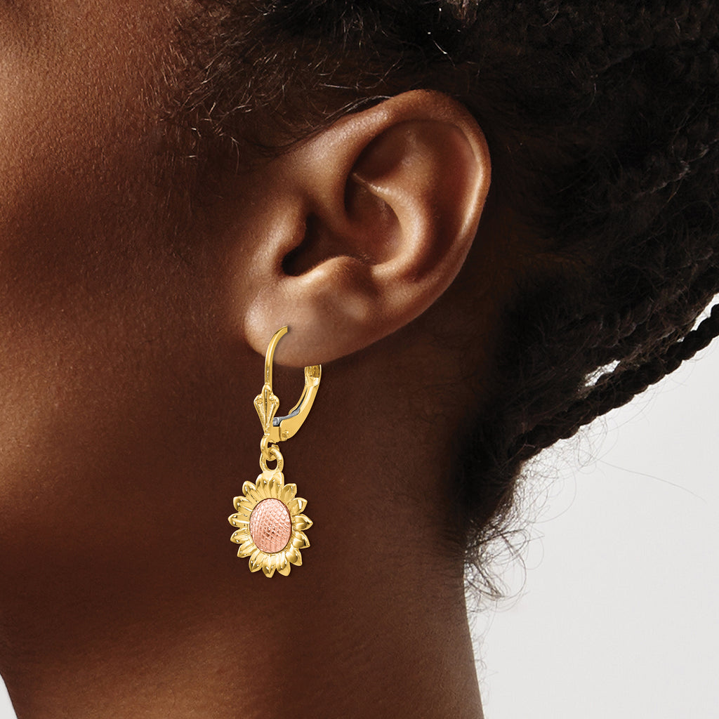 14K Two-Tone Gold Sunflower Dangle Earrings with Polished Finish