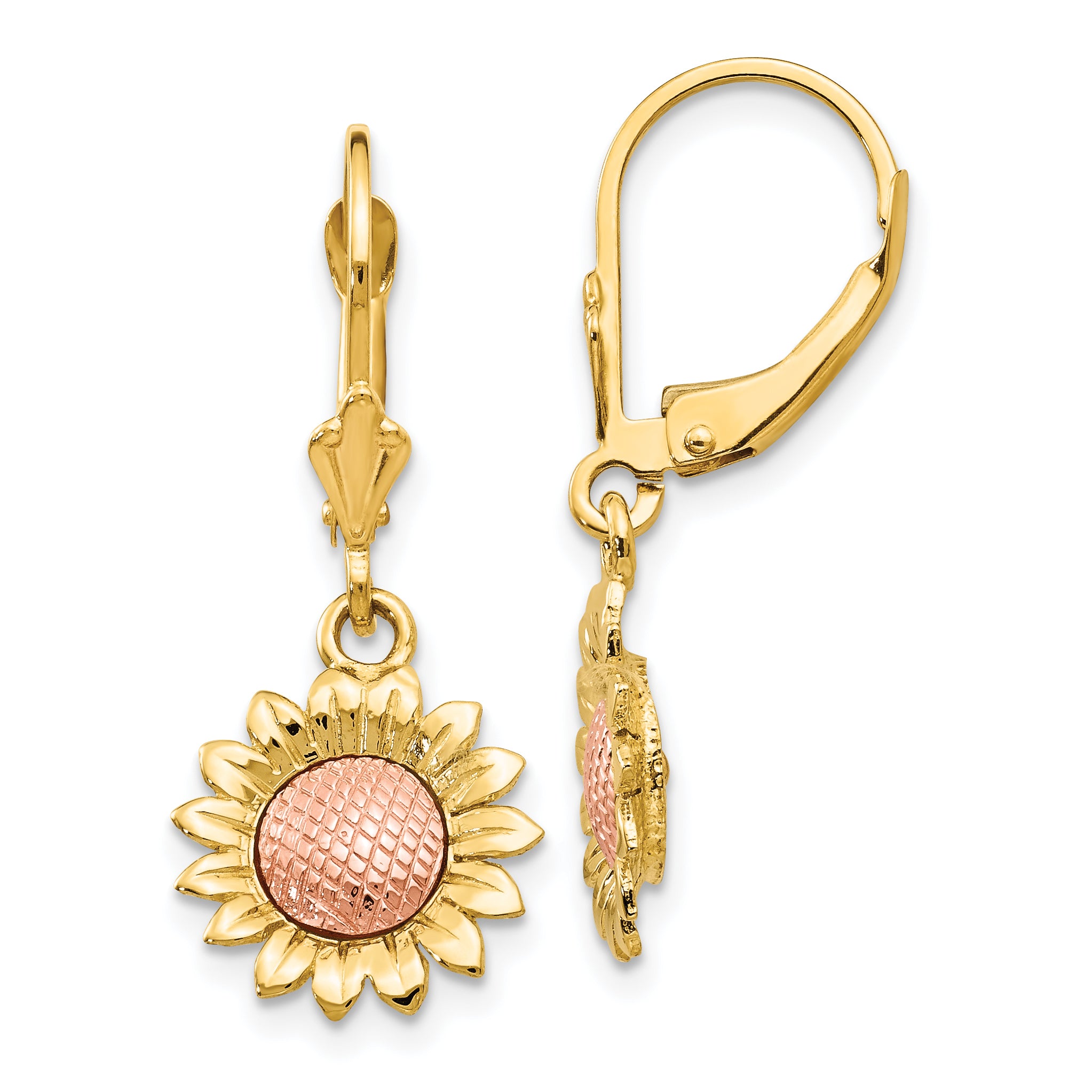 14k Two-tone Polished Sunflower Dangle Leverback Earrings Main image