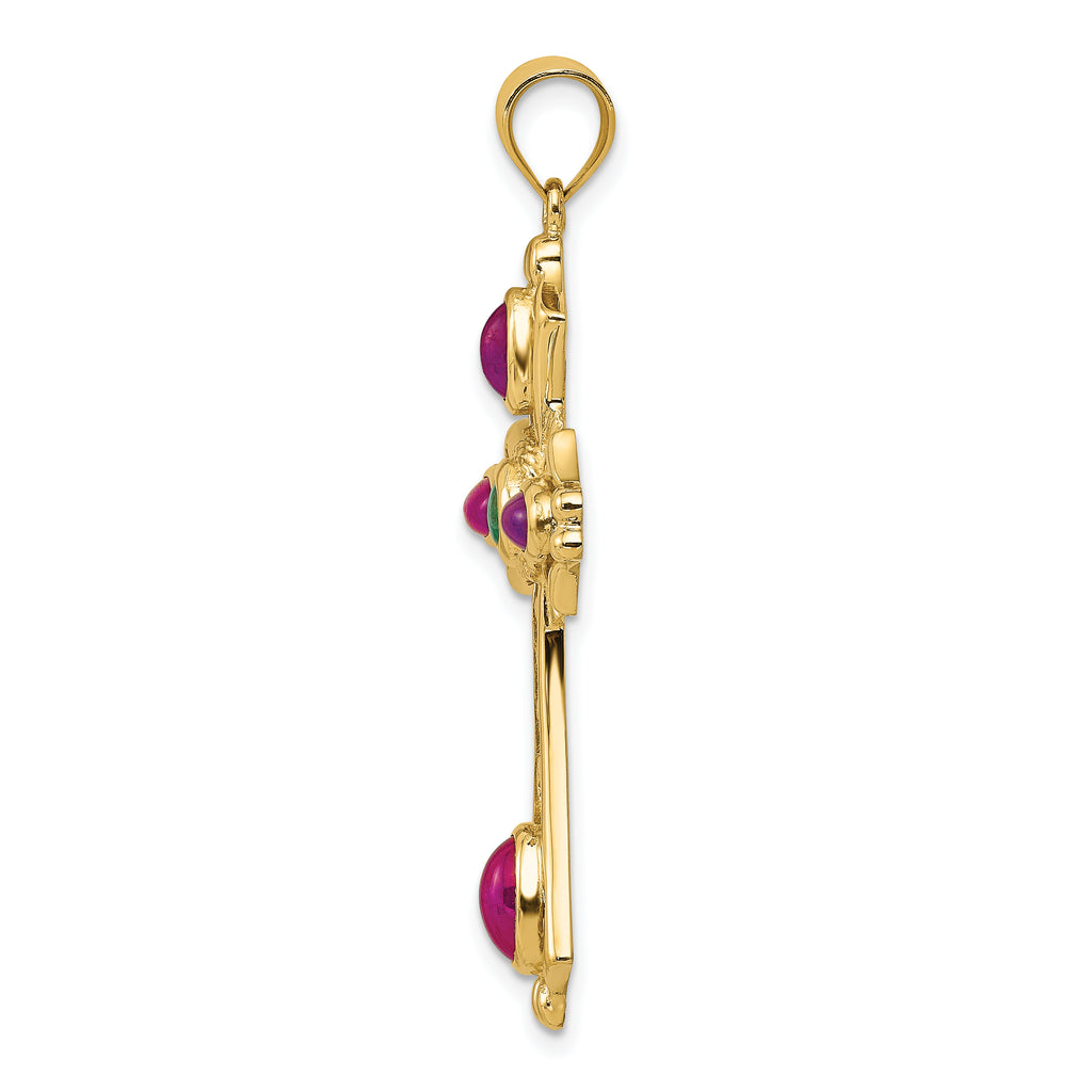 14K Gold Ruby and Emerald Cabochon Cross Pendant Elegant, Natural Gemstones