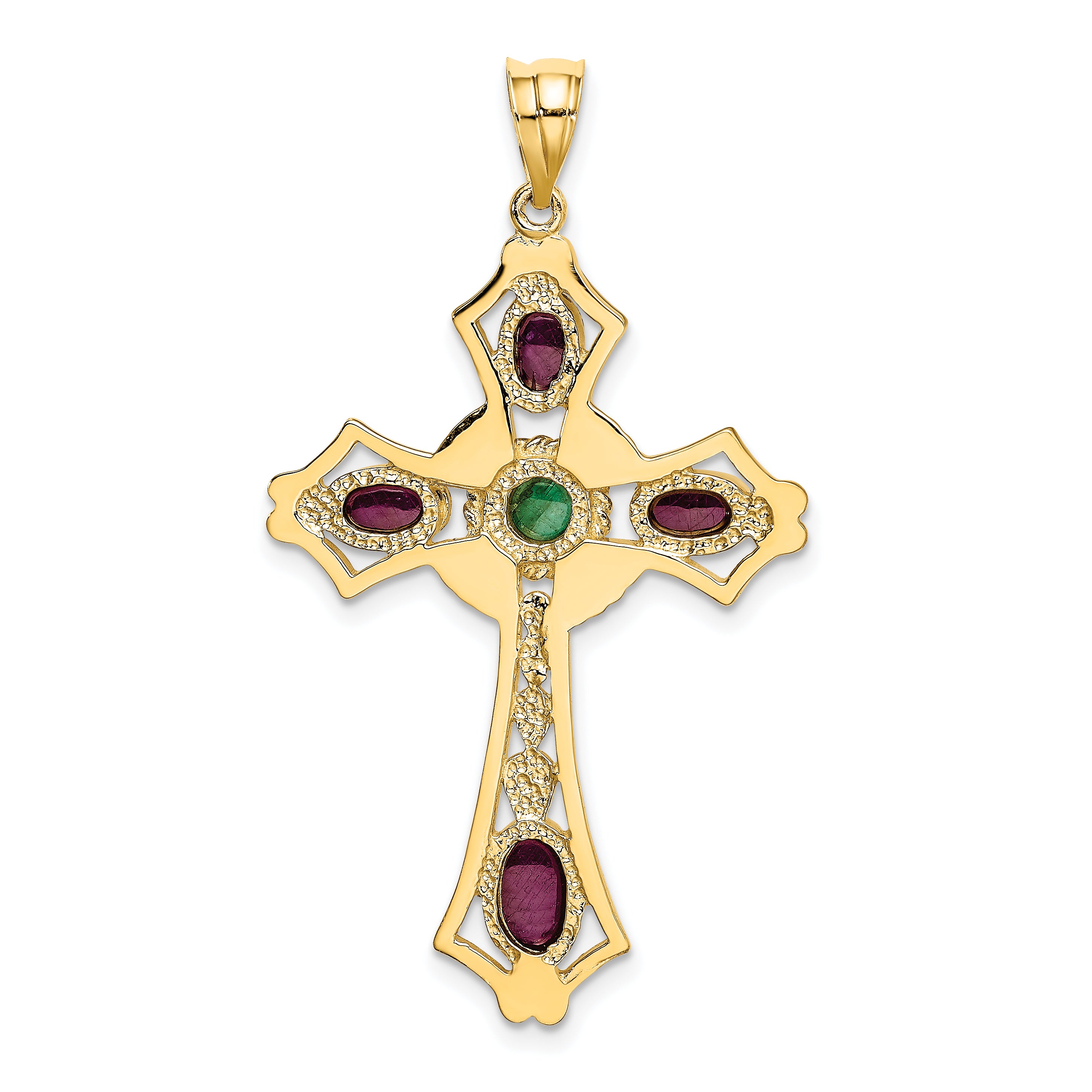 14K Gold Ruby and Emerald Cabochon Cross Pendant Elegant, Natural Gemstones