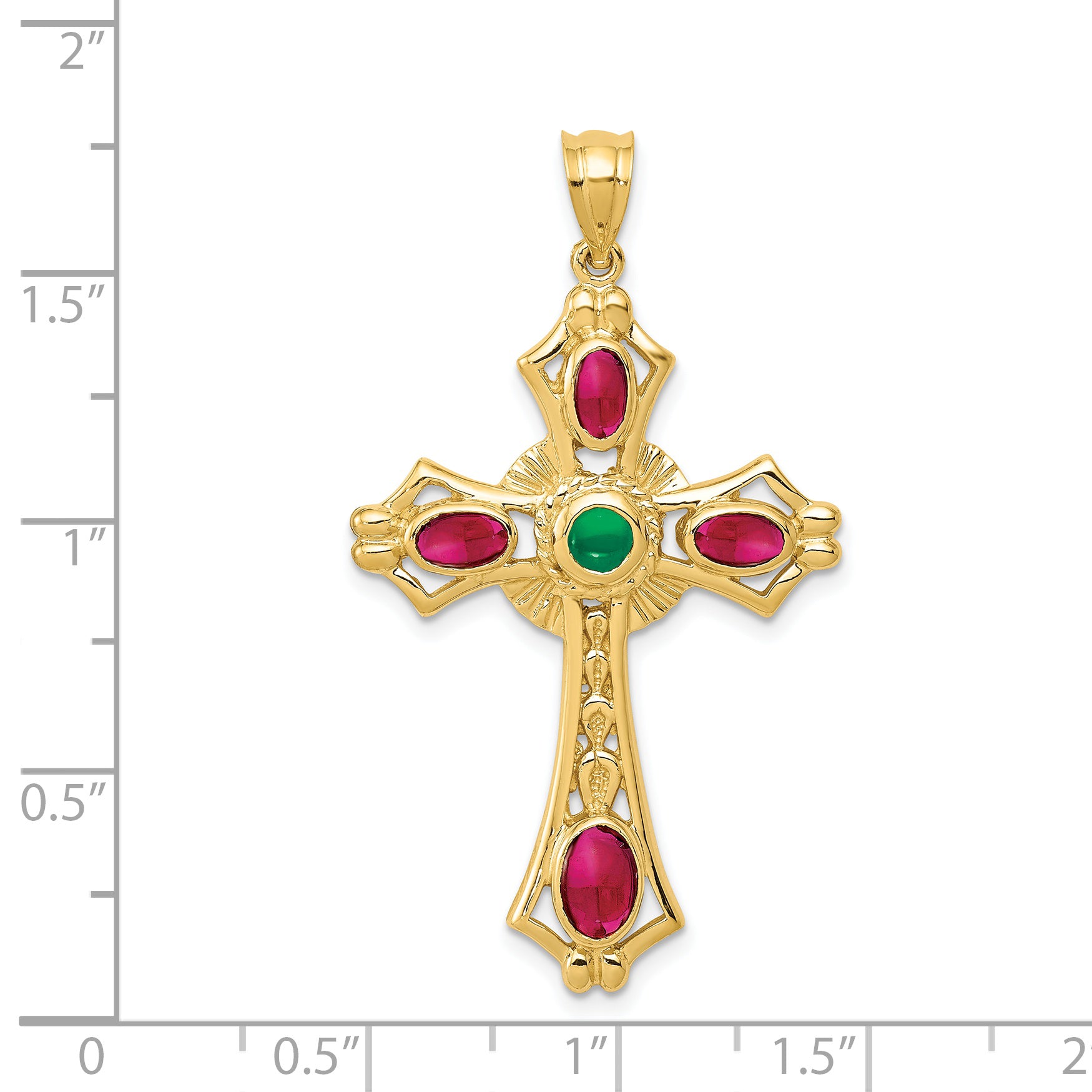 14K Gold Ruby and Emerald Cabochon Cross Pendant Elegant, Natural Gemstones