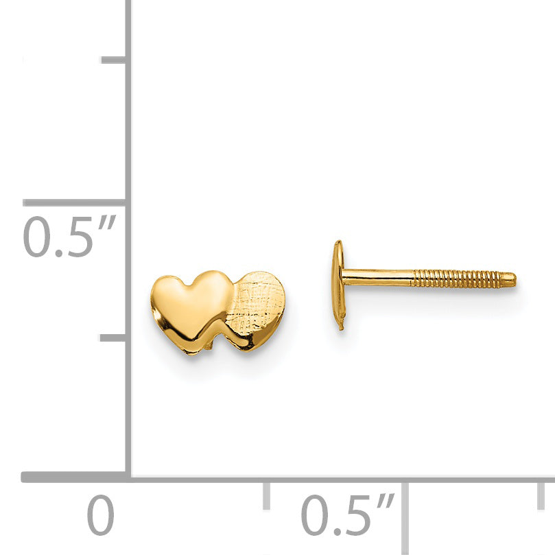 14K Gold Double Heart Earrings with Polished Finish and Screw Back