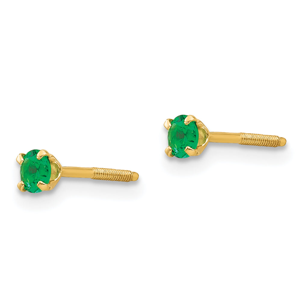 14K Gold May Birthstone Stud Earrings with Imitation Emerald, Nickel Free