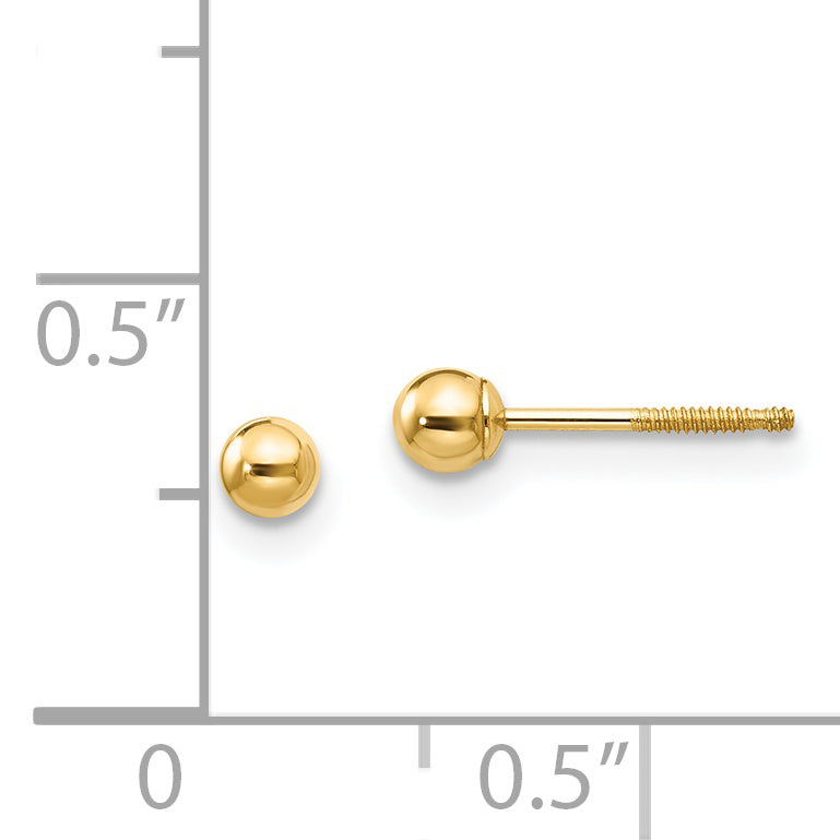 14K Gold Polished Ball Earrings with Screwback Secure Fit  3mm Nickel Free