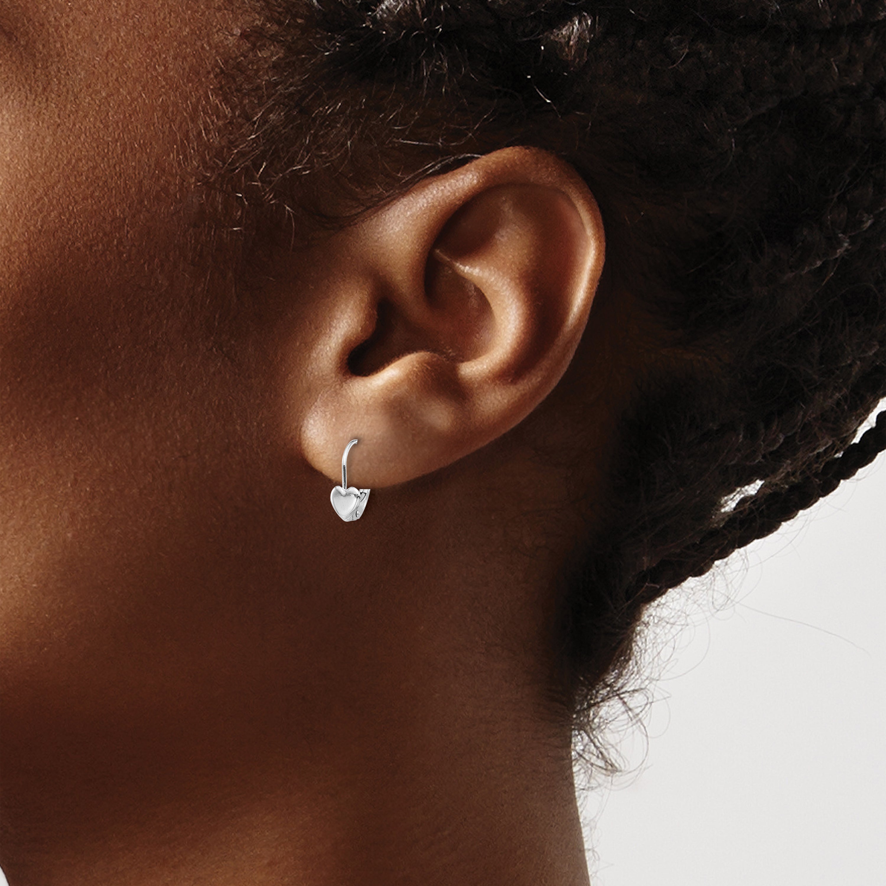 14K White Gold Heart Leverback Earrings, Polished Nickel-Free Dangles