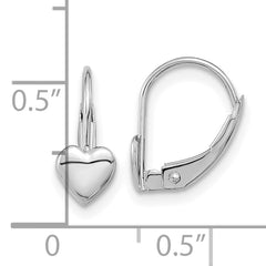 14K White Gold Heart Leverback Earrings, Polished Nickel-Free Dangles