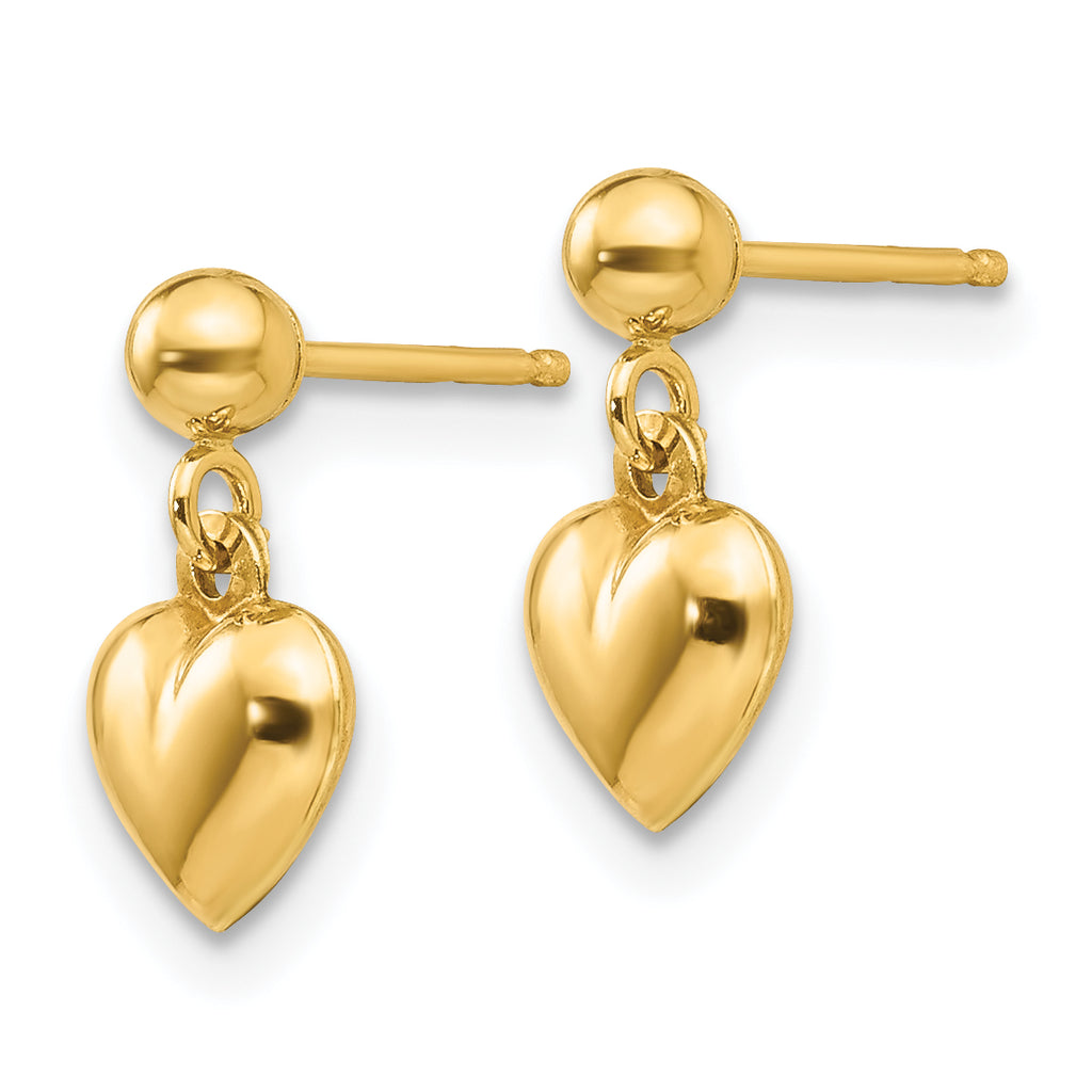 Puffed Heart Dangle Earrings in 14K Yellow Gold