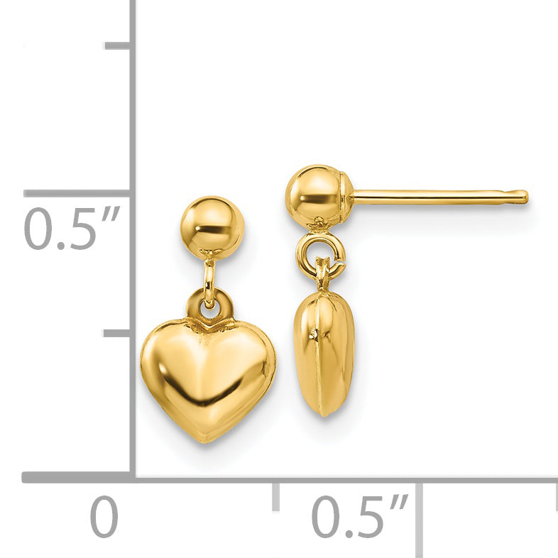 Puffed Heart Dangle Earrings in 14K Yellow Gold