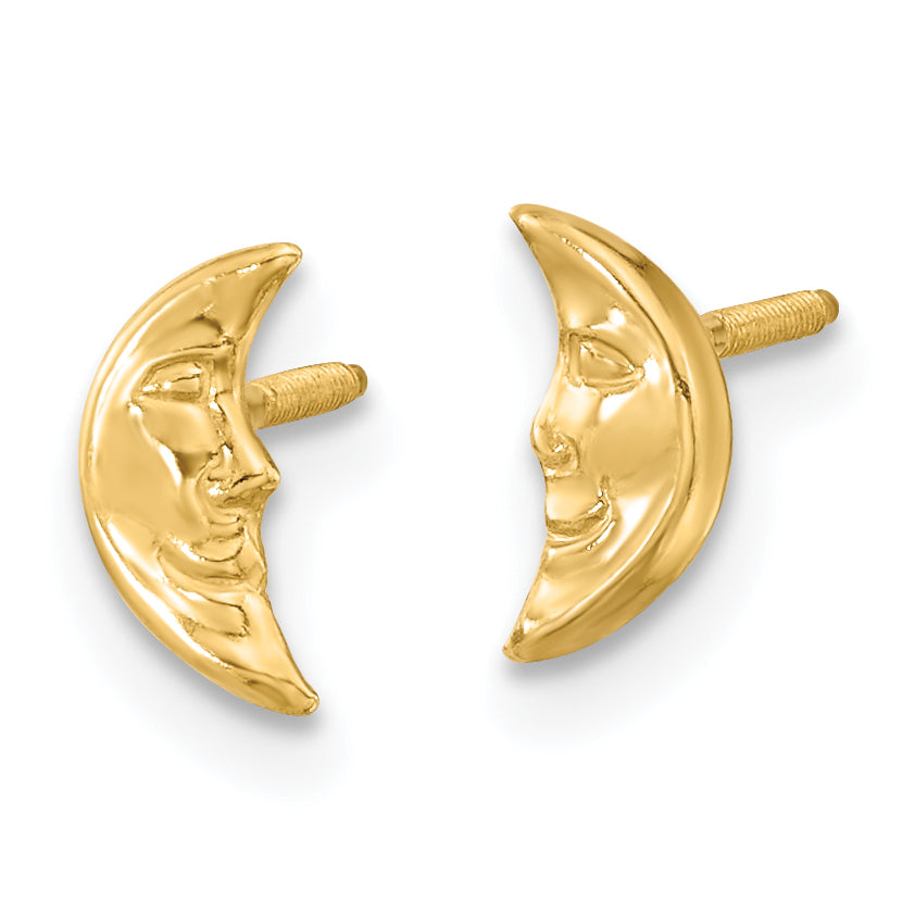 14K Gold Moon Face Earrings, Polished Solid Design, Nickel-Free Secondary image