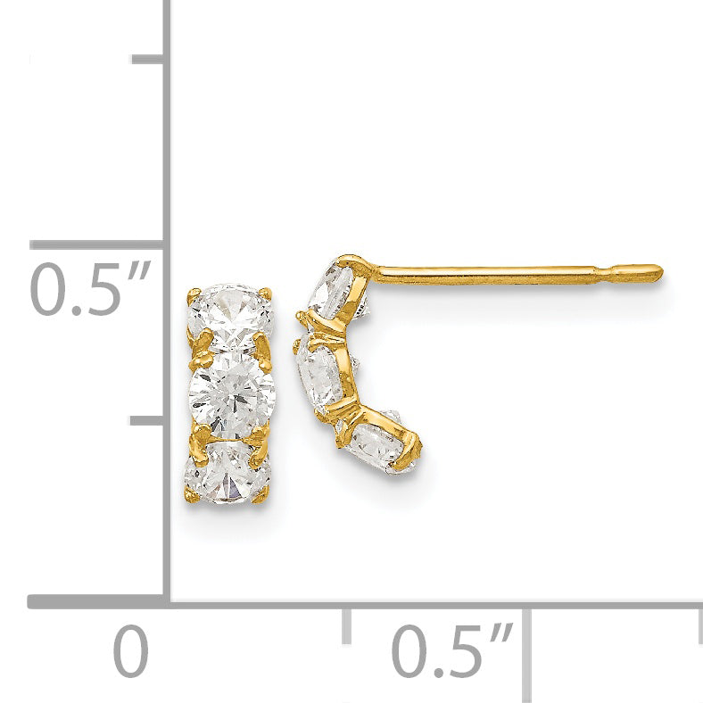 14K Gold CZ Three-Stone J-Hoop Earrings for Girls Polished, Nickel-Free