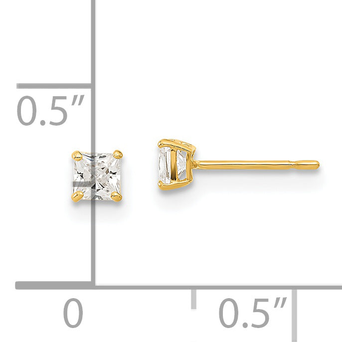 14K Gold Square CZ Stud Earrings with Polished Finish, 3mm