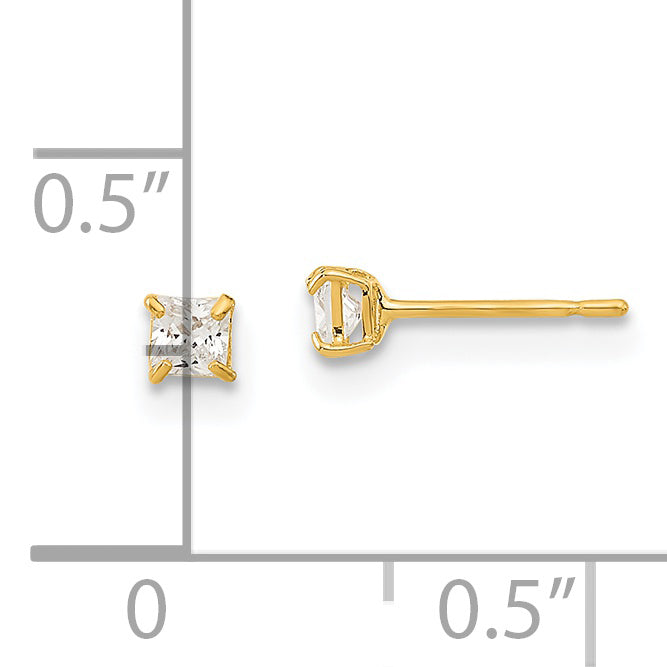 14K Gold Square CZ Stud Earrings with Polished Finish, Nickel-Free