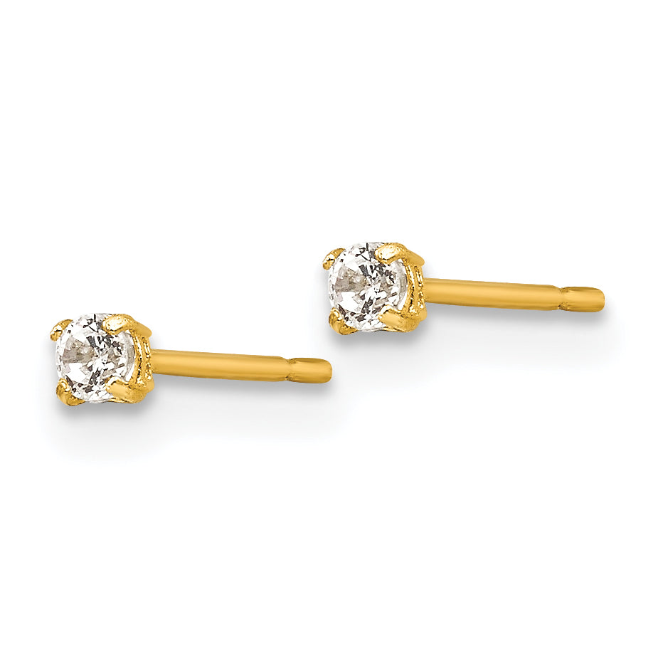 14K Gold Round CZ Stud Earrings with Polished Finish  2mm, Nickel Free
