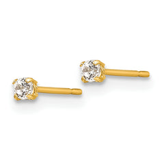 14K Gold Round CZ Stud Earrings with Polished Finish  2mm, Nickel Free