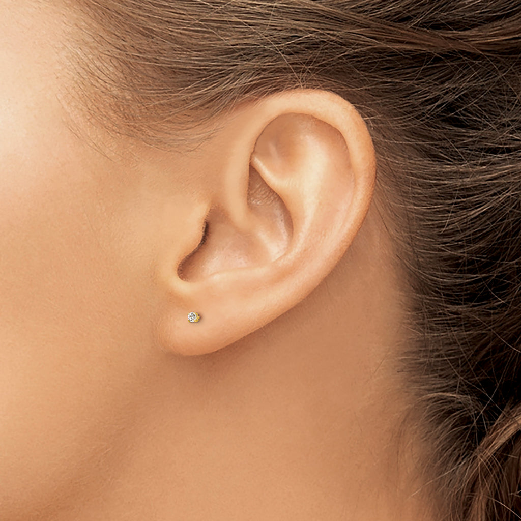 14K Gold Round CZ Stud Earrings with Polished Finish  2mm, Nickel Free
