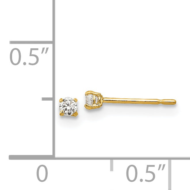 14K Gold Round CZ Stud Earrings with Polished Finish  2mm, Nickel Free
