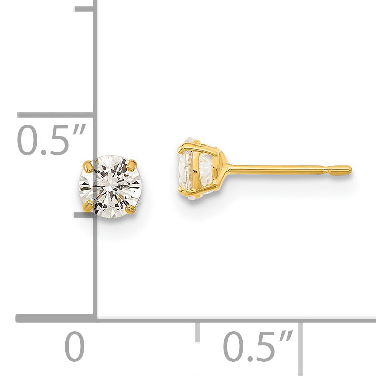 14K Gold Round CZ Stud Earrings with Polished Finish 4mm
