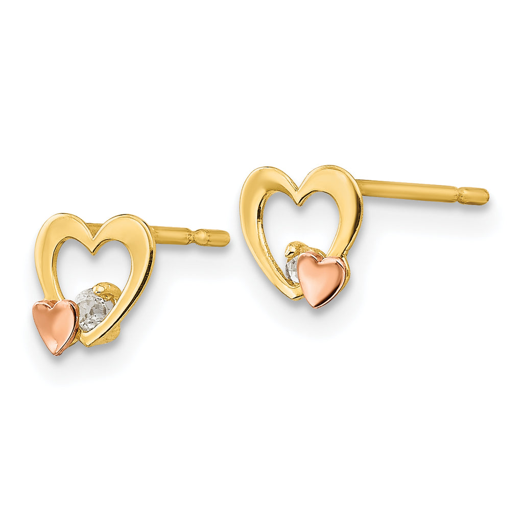 14K Two-Tone Gold Children's Heart Earrings with CZ Stones  Polished Finish