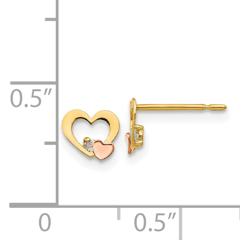 14K Two-Tone Gold Children's Heart Earrings with CZ Stones  Polished Finish