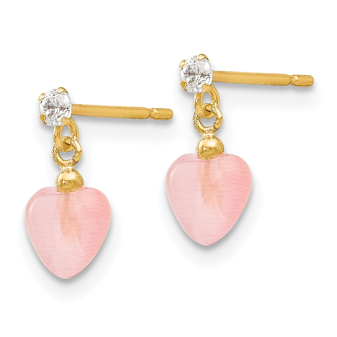 14K Gold Pink Cat's Eye & CZ Heart Dangle Earrings Elegant Polished Finish Secondary image