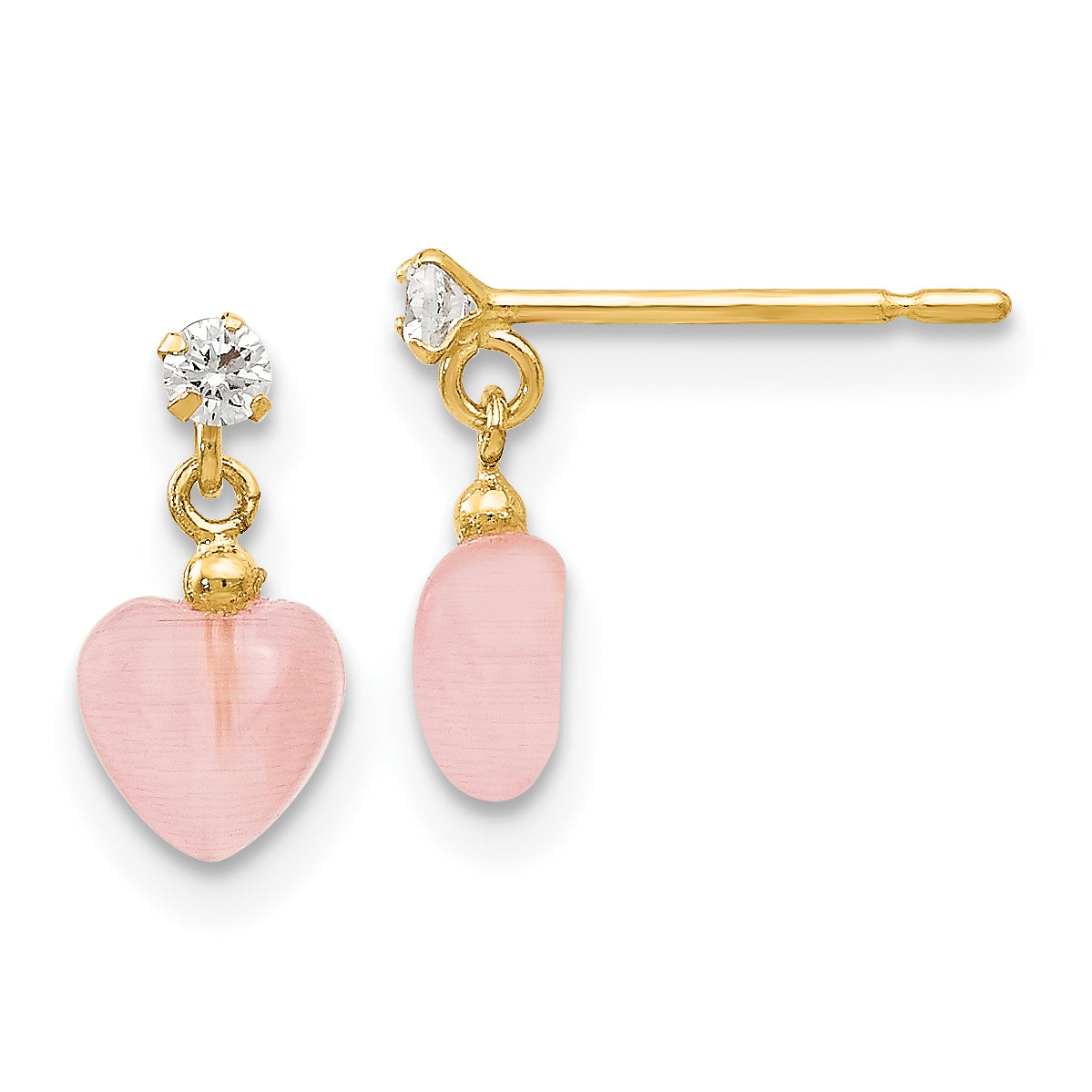 14k Madi K CZ and Pink Cat's Eye Heart Dangle Post Earrings Main image