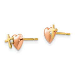 14K Two-Tone Gold Heart and Cross CZ Earrings  Polished, Nickel Free