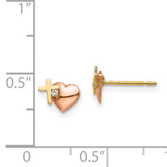 14K Two-Tone Gold Heart and Cross CZ Earrings  Polished, Nickel Free